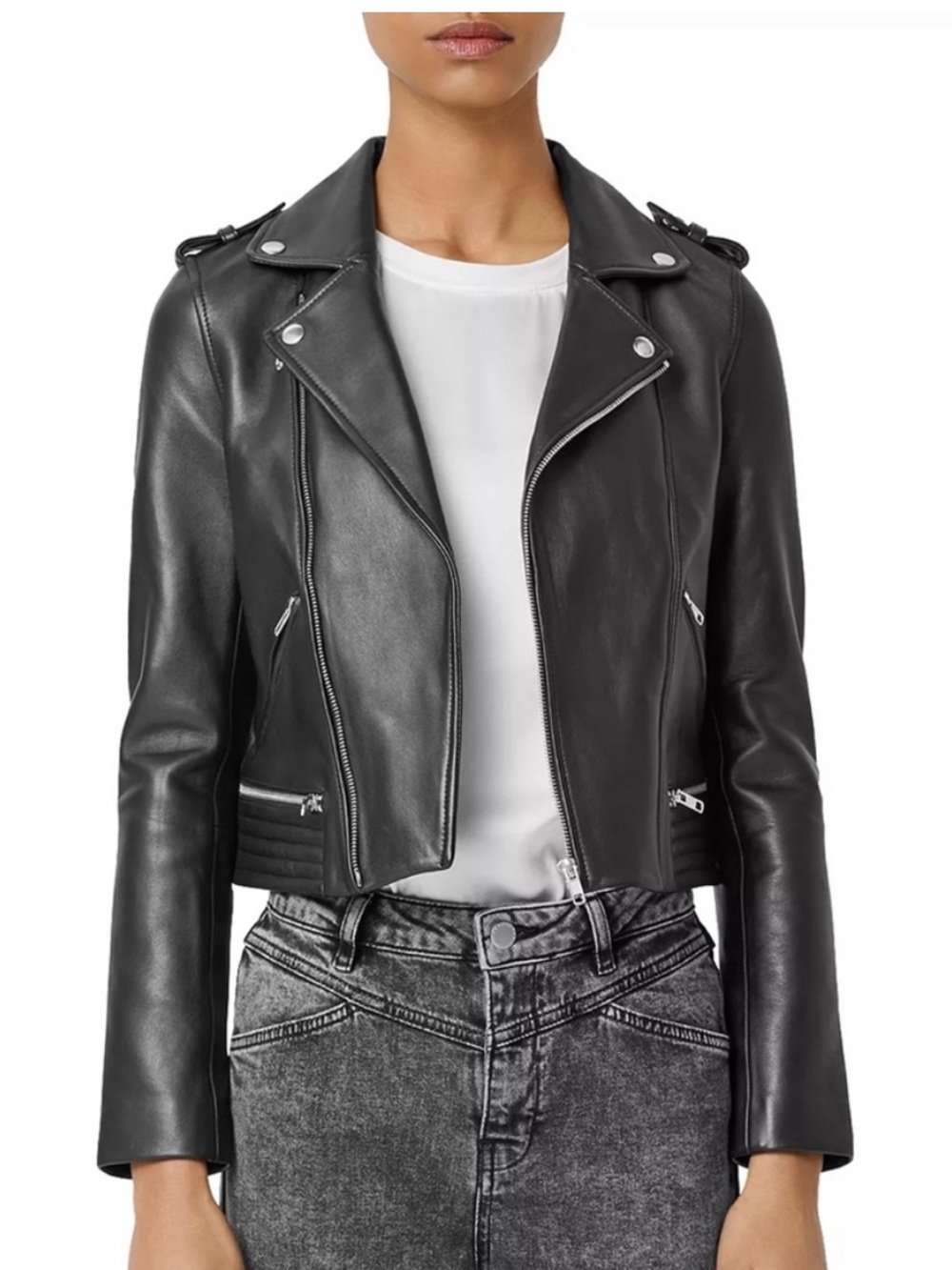 Maje Basalt Lambskin Genuine Leather Jacket Black Size 36 France
